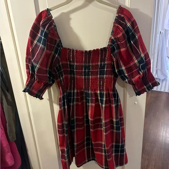 Hill House Athena Nap Cotton Smocked Puff Sleeve Mini Dress Red Tartan Plaid - Picture 3 of 5